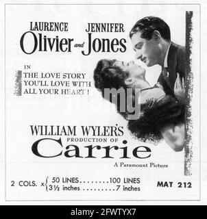 LAURENCE OLIVIER und JENNIFER JONES in CARRIE 1952 Regisseur WILLIAM WYLER aus dem Roman Sister Carrie von Theodore Dreiser Ruth und Augustus Goetz Musik David Raksin Kostümdesign Edith Head Paramount Picters Stockfoto