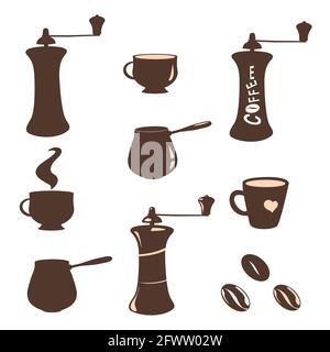 Set von Bildern und Silhouetten von Kaffeebohnen, Tassen, Kaffeemühlen, Kaffeemaschinen. Elemente für Design auf weißem Hintergrund. Stock Vektor