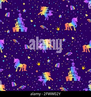 Nahtloses Regenbogenmuster mit Einhörnern, Herzen, Kronen und Sternen auf dunklem Hintergrund. Stock Vektor