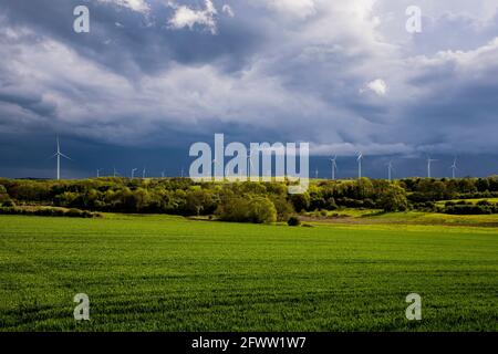 NORTHAMPTON, ENGLAND. MAI. Wegen der widrigen Wetterbedingungen im Mai am Montag, den 24. Mai 2021, ragen stürmische Himmel über der Landschaft in Northamptonshire. (Kredit: Leila Coker) Gutschrift: Leila Coker/Alamy Live News Stockfoto