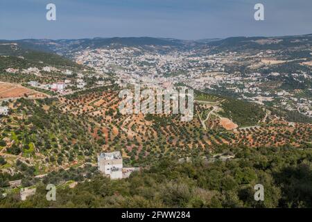 Luftaufnahme der Stadt Ajloun, Jordanien Stockfoto