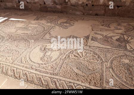 Mosaik am Boden der byzantinischen Kirchenruine in der antiken Stadt Petra, Jordanien Stockfoto