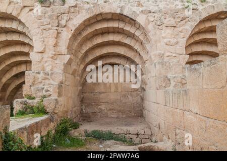 Mauer der Ruine des Hippodroms in Jerash, Jordanien Stockfoto