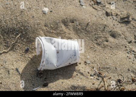 Einweg-Plastikbecher auf Meeresküste Ökosystem, Natur Abfall Verschmutzung verworfen Stockfoto