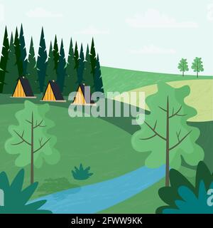 Frühling oder Sommer Landschaft mit Wald und Bäumen und niedlichen Hotel Haus. Vektorgrafik im flachen Stil Stock Vektor