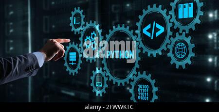 Python Programmiersprache. Programmierung Workflow abstrakten Algorithmus Konzept auf virtuellen Bildschirm. Stockfoto