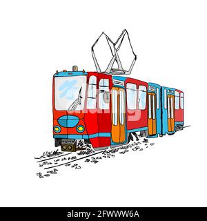 Tram isoliert auf weißem Hintergrund. Cartoon-Stadtverkehr. Vintage-Tram-Stil. Alte rote Straßenbahn in Lissabon. Handgezeichnete Skizze. Vektorgrafik für Aktien Stock Vektor