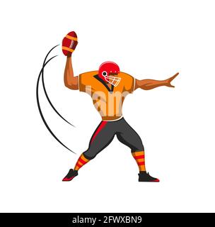Quarterback-Spieler, american Football Sport Game Athlet in Uniform und Helm werfen einen Pass isoliert auf weißem Hintergrund. Cartoon muskulösen Sportsma Stock Vektor