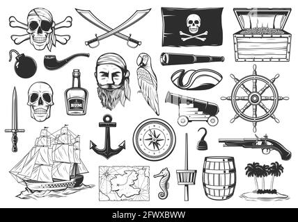 Piraten und Schätze Karte Symbole, Karibik Insel und Meer Abenteuer, Vektor. Pirates Flagge Merry Roger, Anker und Kompass, Rum Barrel und Kanonenbomben Stock Vektor