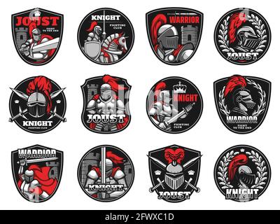 Ritter, mittelalterliche Krieger, heraldische Ikonen, Vektorhelm und Schildpanzer Embleme. Mittelalterliche Ritter Krieger Kampf Club oder Joust Abzeichen mit Gladiator k Stock Vektor