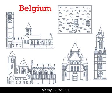 Belgien Reisen Sehenswürdigkeiten, Architektur und Gebäude, Vektor-Kathedralen und Kirchen. Belgien Wahrzeichen von Saint Quentin und St. Brice Kirche in Leuven Stock Vektor