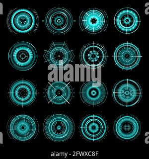 HUD futuristische Ziel Ziele, sci Fi ui Interface Icons Vektor-Set. Militärische optische Ausrichtung, Raumschiff Fadenkreuz Zeichen für Benutzeroberfläche. Techno-Bildschirm Stock Vektor