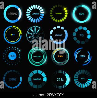 Symbole für Statusleiste oder Statusleiste des HUD-Benutzeroberflächendesigns werden geladen. Futuristische digitale Schnittstelle des Head-up-Displays mit kreisförmigen Balken von Downlo Stock Vektor