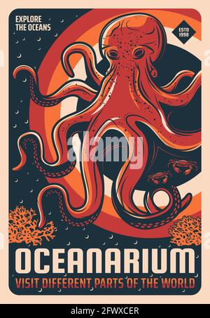 Ozeanarium Aquarium Riesen pazifik Oktopus retro Poster. Skizzenvektor Meereskrake, Steinkrabben und Algen oder Korallenriffe. Meerestiere, tropisch Stock Vektor