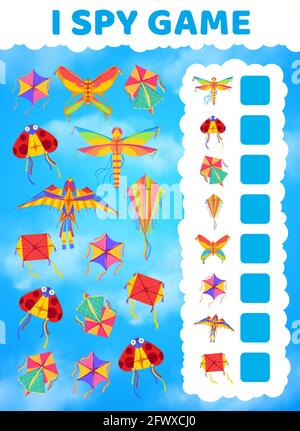 Ich spioniere Kinder Spiel mit Vektor-Drachen in blauen Himmel. Zählung Puzzle, Logik Rätsel oder Labyrinth, Bildung Arbeitsblatt Vorlage mit Cartoon fliegende Drachen und Papier Stock Vektor