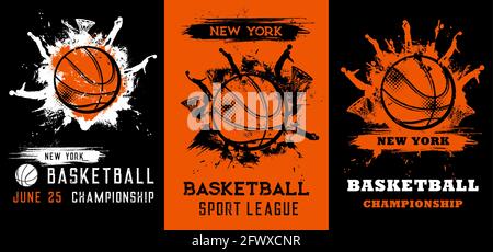 Basketball-Meisterschaft Spiel Grunge Plakate, Sport Wettbewerb Vektor Flyer. Basketballspieler springen mit Ball, tun Slam Dunk in Reifen, schwarz, oder Stock Vektor