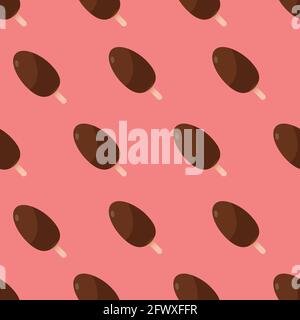 Popsicle nahtlose Muster Vektor-Illustration in flachem Design Schokoladeneis Creme auf Stäbchen auf hellrotem Hintergrund Stock Vektor