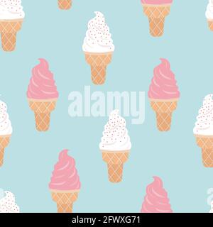 Eiscreme-Druck Vektor-Illustration in flachem Design Süß nahtlos Muster mit Waffelkegel auf hellblauer Kulisse Stock Vektor