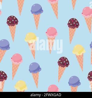 Eiscreme-Nahtloses Muster in flacher Form Waffelkegel mit Unterschiedlicher Geschmack auf blauem Hintergrund Stock Vektor