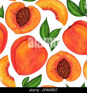 Orangefarbenes Pfirsich-Aquarell-Nahtloses Muster. Frisches Obst wiederholt, weißer Hintergrund Stockfoto