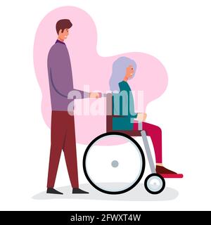 Mann schiebt seine Mutter auf Rollstuhl Vektor-Illustration in der Wohnung Stil Stock Vektor