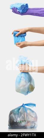 Hausfrau mit Müllsäcke für Müllabfuhr auf weißem Hintergrund Stockfoto