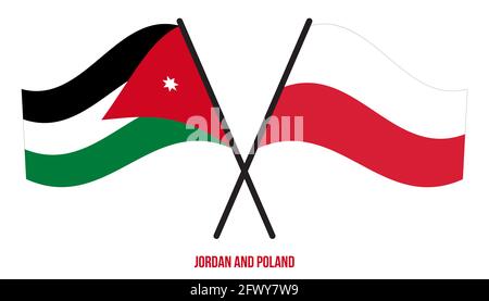 Jordan und Polen Flaggen gekreuzt und winkend Flat Style. Offizieller Anteil. Korrigieren Sie Die Farben. Stockfoto