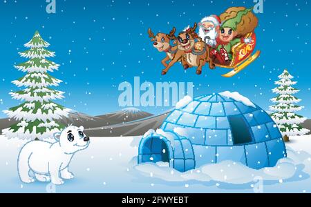 Vektor-Illustration von Santa Claus und Elf Reiten Hirsch Schlitten Fliegen über den Hügel mit Eisbären und Iglu Stock Vektor