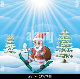 Happy santa claus Skifahren mit Sack von Geschenken im Winter Schnee Stock Vektor