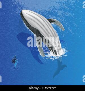 Isometrischer Buckelwal mit Wassergeist Stock Vektor