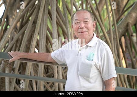 Porträt eines lächelnden älteren asiatischen Mannes im Park. Stockfoto