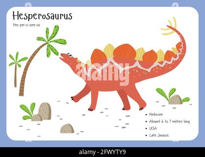 Dinosaur Fact Flash Cards - Dinosauriernamen, die dem englischen Alphabet entsprechen. Niedliche bunte Vektor-Illustration. Herbivore Set. Dinosaurier vegan. Er Stock Vektor