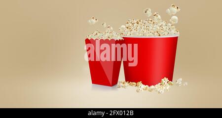 Salziges Popcorn isoliert auf weißem Hintergrund, 3d-Rendering rote Tasse Karton-Box. Geeignet für Ihr Design-Element. Stockfoto