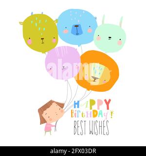 Birthday Card with Cute Girl holding funny Balloons Stock Vektor