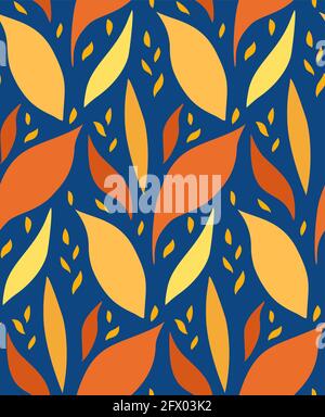 Nahtloses Retro-Muster mit Silhouetten aus Blütenblättern. Textur mit orangefarbenen und gelben Blättern auf blauem Hintergrund. Kontrast Vektor-Tapete mit fallen Stock Vektor
