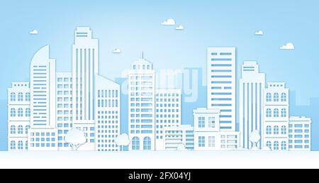 Papierschnitt im Stadtbild. Stadtlandschaft mit Wolkenkratzern, Gebäuden, Bäumen, Himmel und Wolken. Origami Silhouette der städtischen Panorama-Vektor-Konzept Stock Vektor