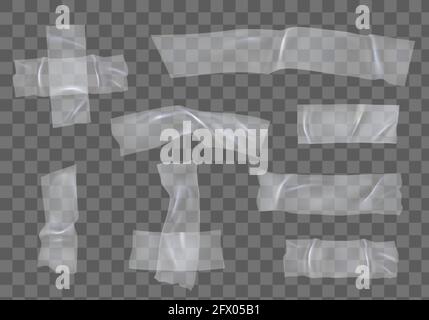 Klebeband aus Kunststoff. Realistische transparente Kanal sellobape Stücke und Kreuz. Zerrissene, zerknittert klebende Streifen mit Klebstoff zur Fixierung von Vektorset Stock Vektor
