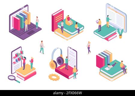 Isometrische Online-Bibliothek. Digitales eBook-Wörterbuch-Archiv für Studenten. Schulbuch am Telefon oder Computer. Web-Literatur Lernvektorsatz Stock Vektor