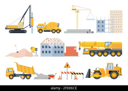 Baustellenelemente. Materialpfähle, Sand und Rohre, Ziegelbau und Maschinen. Zement-Mischwagen, Bulldozer und Kran Vektor-Set Stock Vektor