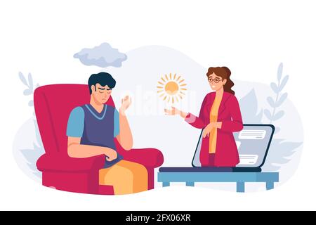 Online-Psychologie Hilfe. Virtuelle Psychologe Therapiesitzung. Depressive Mann erhalten geistige Unterstützung von Therapeuten durch Videoanruf, Vektor-Konzept Stock Vektor