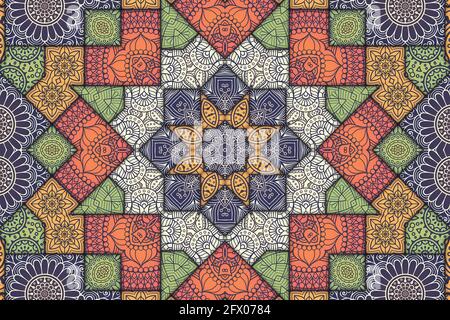 Mandala Fliesenmuster florales Muster, geometrisches Bild von bemalten Fliesen, marokkanischen Stil arabischen Muster. Boden- und Wanddekoration. Bunt Bemalte Zinn Stockfoto