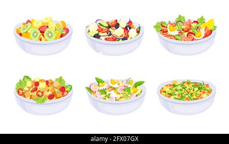 Salatgerichte. Schüssel mit frischen gesunden Gemüsescheiben. Griechisch, Obstsalat und Caprese. Vegetarische Mahlzeit. Vektor-Set für natürliche Zutaten Stock Vektor