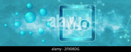 Mo-Symbol. Molybdän chemisches Element mit Molekül und Netzwerk auf blauem Hintergrund Stockfoto