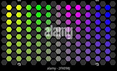 Gitterstruktur von gemischten Wabenelementen in Carbon-Design und In Regenbogenfarben auf schwarzem Hintergrund - 3D Illustration Stockfoto