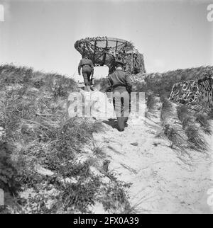 [Serie: Die Atlantikmauer zerstören]. Zwischen Zandvoort und IJmuiden wird die Atlantikmauer gerodet. Kanonen werden abgebaut, Bunker gesprengt und Minen geräumt. Eine deutsche Radarantenne aus Würzburg und Riese, Juni 1945, Militär, Radargeräte, zweiter Weltkrieg, Befestigungsanlagen, Niederlande, Presseagentur des 20. Jahrhunderts, Foto, zu erinnerende Nachrichten, Dokumentarfilm, historische Fotografie 1945-1990, visuelle Geschichten, Menschliche Geschichte des zwanzigsten Jahrhunderts, Momente in der Zeit festzuhalten Stockfoto
