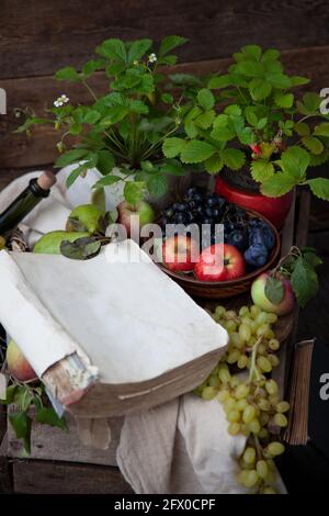 Stillleben der Herbstfrüchte. Pflaumen, Trauben, Äpfel. Erdbeerbusch - Beeren, Blumen, Blätter. Sommer Essen Draufsicht, Platz für Text. Rustikale einfache Ernte. Stockfoto