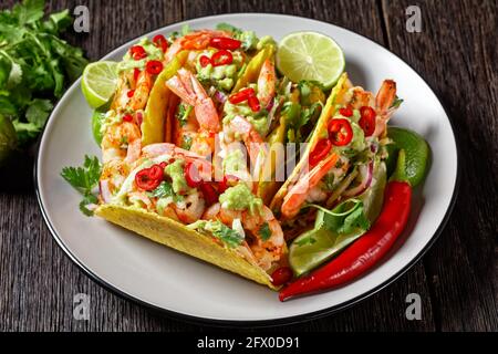 taco-Muscheln mit gegrillten Garnelen, Kohlsalat, Limette und Guacamole auf einem Teller Stockfoto