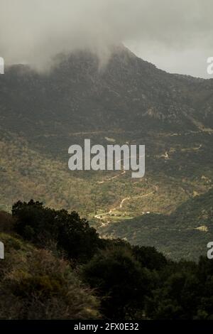 Luftaufnahme des Tales auf grasbewachsenem, üppigem Gelände in Hügelige Landschaft in Sevilla Spanien Stockfoto