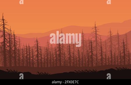 Fantastische Aussicht auf die Berge mit einem Wald in der Dämmerung von den Vororten. Vektordarstellung einer Stadt Stock Vektor