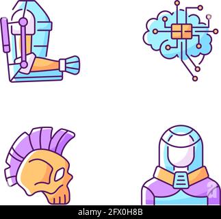 Cyberpunk Augmentations RGB-Farbsymbole eingestellt Stock Vektor